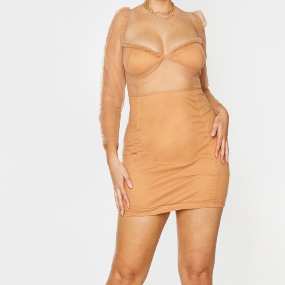 Plus Camel Mesh Frill Detail Long Sleeve Bodycon Dress -US 14